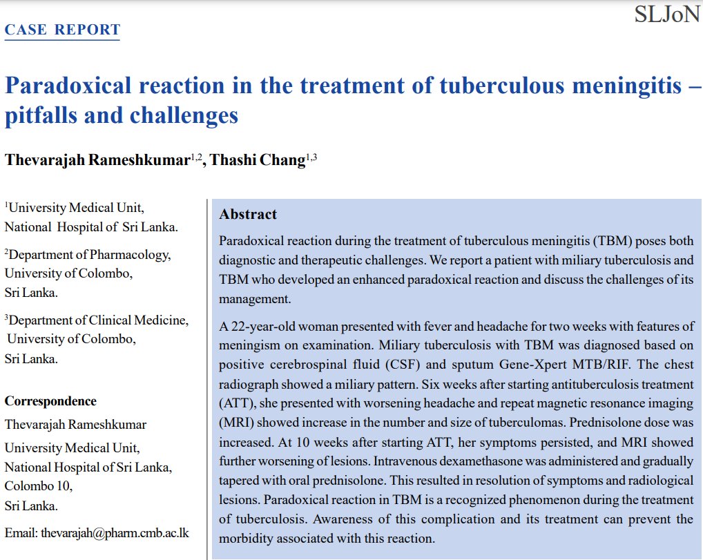 SLJoN Case Report
Paradoxical reaction in the treatment of tuberculous meningitis –
pitfalls and challenges
Thevarajah Rameshkumar, Thashi Chang
sljon.sljol.info/articles/10.40…
#Neurology #SriLanka #tuberculousmeningitis