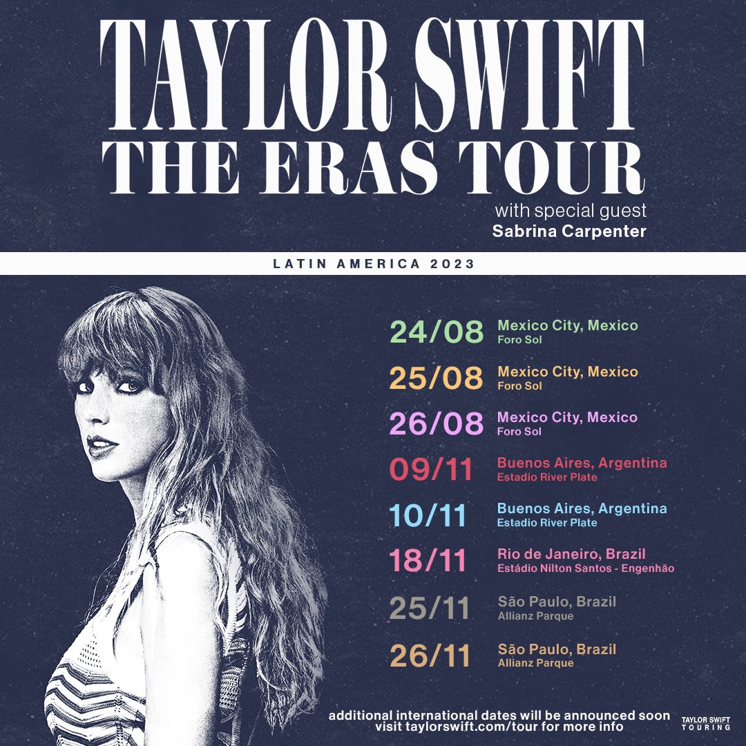 Really thrilled to tell you this!! Mexico, Argentina and Brazil: We are bringing The Eras Tour to you this year! Sweet angel princess @SabrinaAnnLynn will be joining us on all of the shows! Visit taylorswift.com/tour for more information on your registrations, pre-sales and…