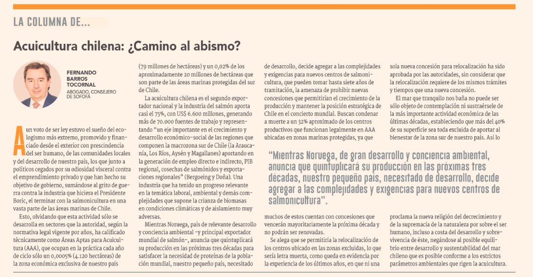 #OpiniónDF | Acuicultura chilena: ¿Camino al abismo?
💬 Fernando Barros Tocornal Abogado, consejero de SOFOFA
df.cl/opinion/column…