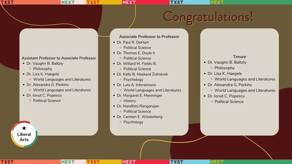 Congratulations to our College of Liberal Arts Faculty that have received a promotion and or tenure! 

#txst #txstnext