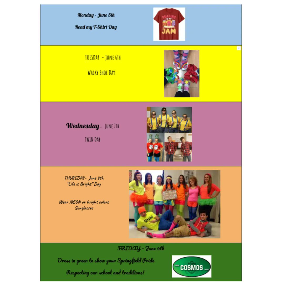 UnionVt's tweet image. Next week is Union Street's last Spirit Week of the school year. 😢 Here is the line up:

Monday: Read My Tshirt 👕
Tuesday: Wacky Shoes 👟👠
Wednesday: Twin Day 👯
Thursday: Life is Bright 😎
Friday: Cosmo Day 💚