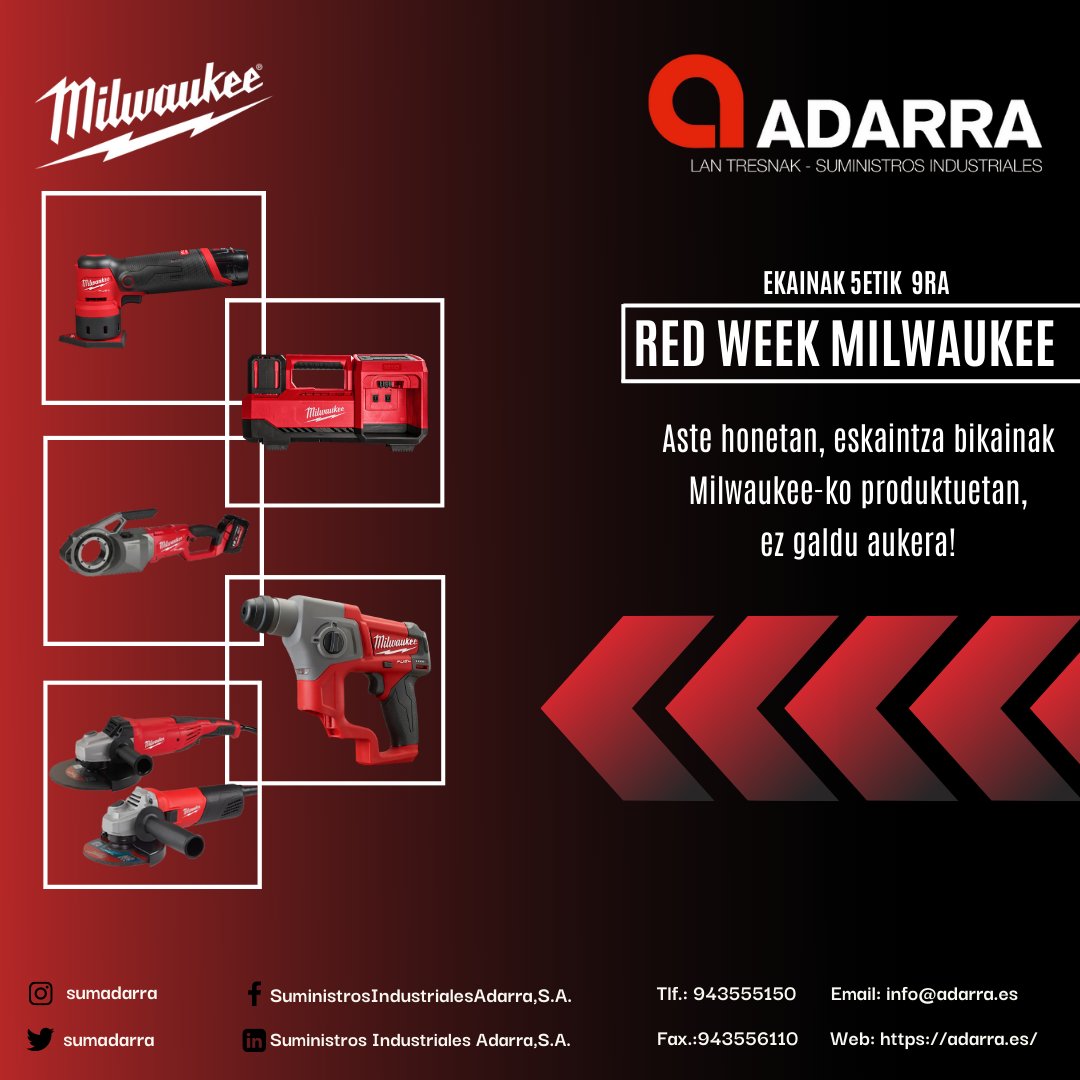 adrtaldea's tweet photo. Del 5 al 9 de junio, aprovéchate y disfruta de las OFERTAS ESPECIALES en los productos de Milwaukee. ¡No te lo pierdas!

Ekainak 5etik 9ra, aprobetxatu eta disfrutatu ESKAINTZA BIKAINETAZ Milwaukee-ko produktuetan, ez galdu aukera!

#adarra #suministrosadarra #milwaukee #oferta https://t.co/CBLmb96FDY