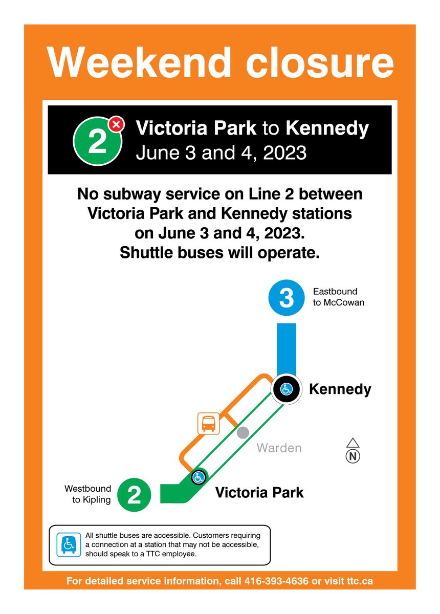 TTCnotices's tweet photo. This weekend, there will be no subway service on Line 2, between Victoria Park and Kennedy stations due to signal upgrades. Shuttle buses will operate. Regular service will resume at approximately 6 a.m. on Monday, June 5. https://t.co/ca1mSNAx89