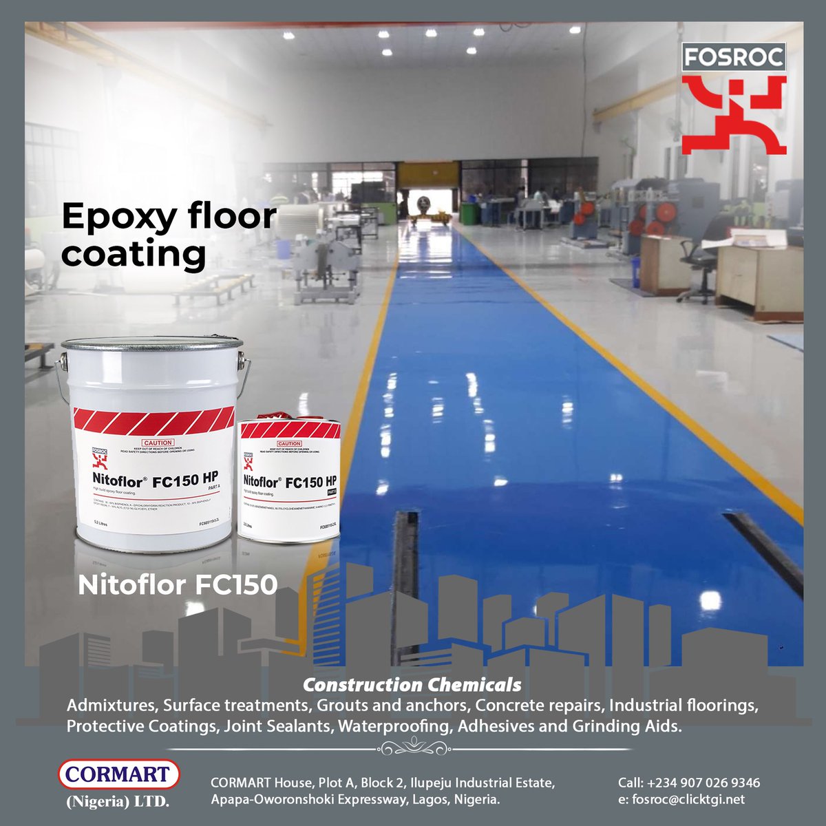 Cormart_constr's tweet photo. Nitoflor FC150 provides hard wearing, easily cleaned attractive floor coatings in industrial areas where high resistance to chemical attack and abrasion resistant floor finish is required. 

#fosroc #nitoflorfc150 #industrialflooring #cormartnigeria #epoxyfloorcoating https://t.co/foRbdfb3Al