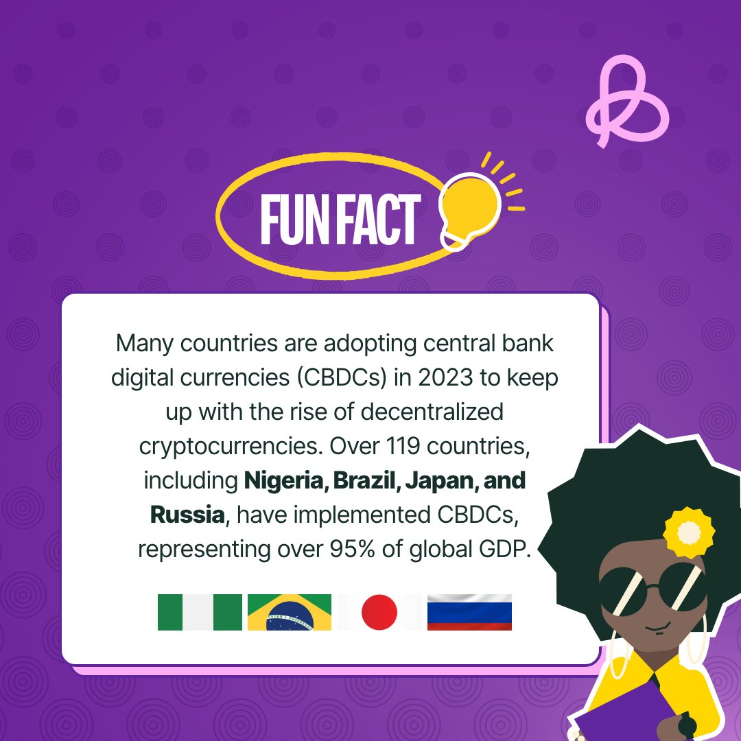 Over 119 countries including Nigeria, Brazil, Japan and Russia have implemented Central Bank Digital Currencies in 2023.

What are your thoughts on this? 

#funfactfriday #staybundled