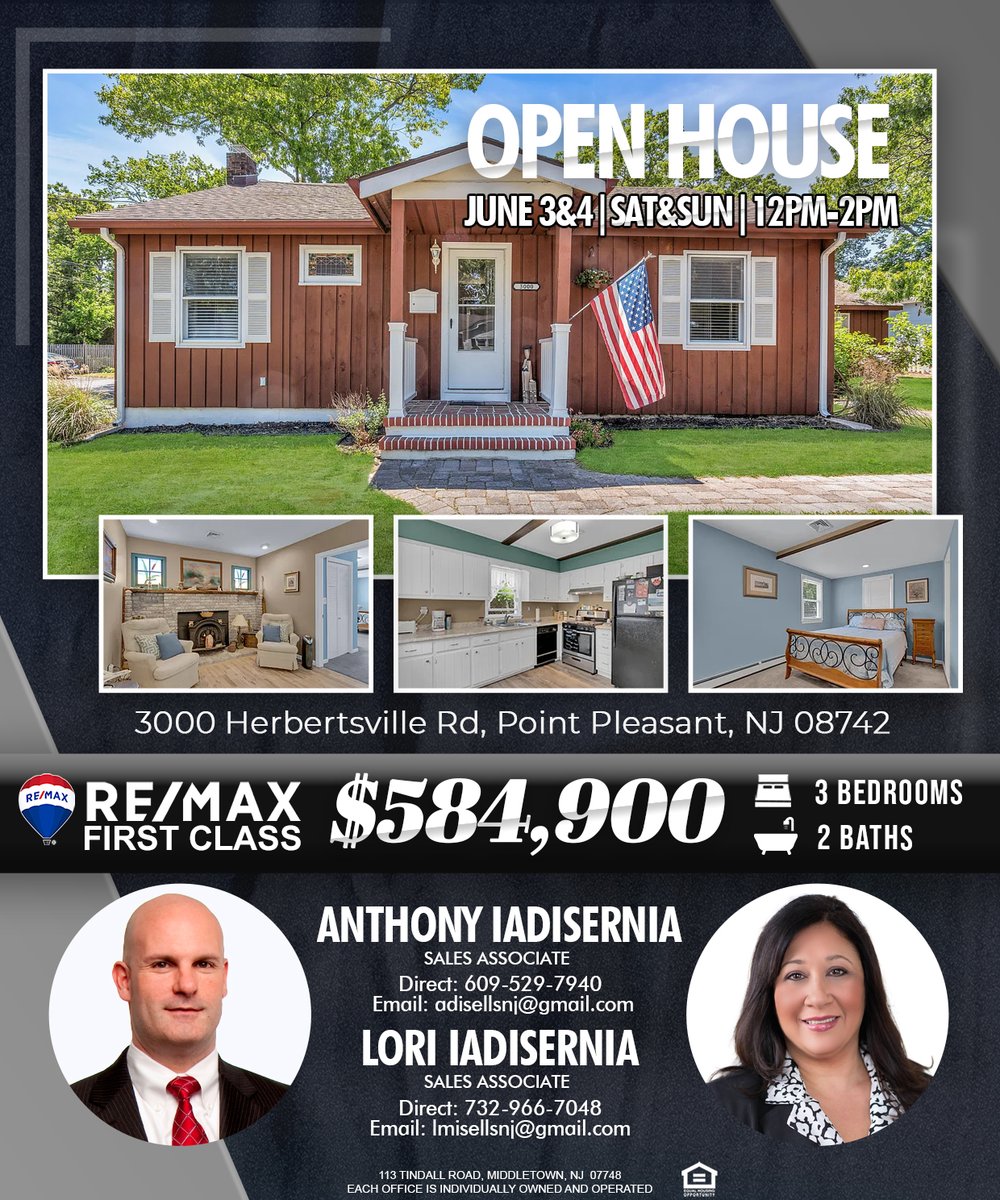 🏡 HOUSE THIS WEEKEND🎈
📍3000 Herbertsville Road, Point Pleasant NJ 087423 🛏️ 3 beds🛀 2 bath🚘Garage 
🗓️SATURDAY June 3rd 12-2pm, SUNDAY June 4th 12-2pm
#pointpleasantNJ, #jerseyshorerealestate, #njrealtor, #njrealtorlife, #springmarket2023, #teamsirchio, #remaxfirstclass