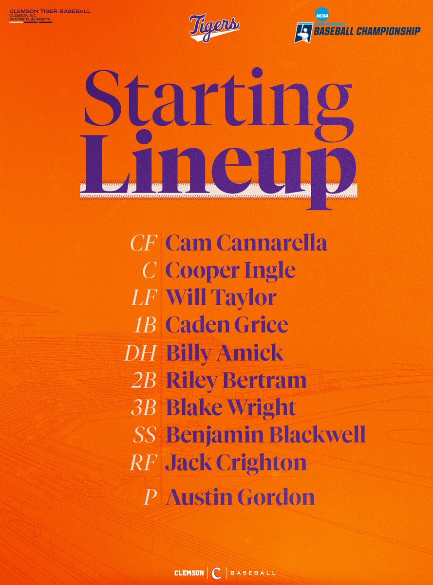 ClemsonBaseball's tweet photo. 𝐒𝐓𝐀𝐑𝐓𝐈𝐍𝐆 𝐋𝐈𝐍𝐄𝐔𝐏🐅

🆚 Lipscomb

#Clemson https://t.co/GF5qIrtgKC