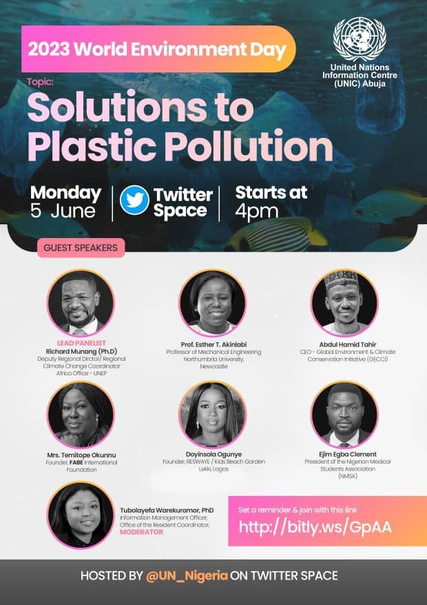 We are glad to announce that we will be speaking on the 5th of June on Twitter space powered by <a href="/UN_Nigeria/">United Nations Nigeria</a> 

Join us next week Monday as we discuss the key solutions to Plastic Waste.
There’s no future for Mother Earth with plastic pollution. #EnvironmentDay23 #PlasticPollution