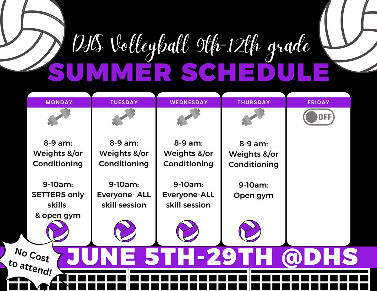 💪🏼Summer work outs and skill sessions start MONDAY! 

⏰ 8am start time- we will promptly start at 8!

🚰 Bring lots of water! 

Monday will be open gym and setter work after work outs. See you there!