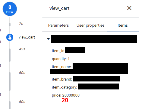 A weird bug, confirmed on multiple accounts: #GA4 is adding 6 zeros to product price (here, it should be 20). Most likely, it affects only the debugging view, not the actual data.

<a href="/fedorovicius/">Julius Fedorovicius 🇺🇦</a> have you already seen this?