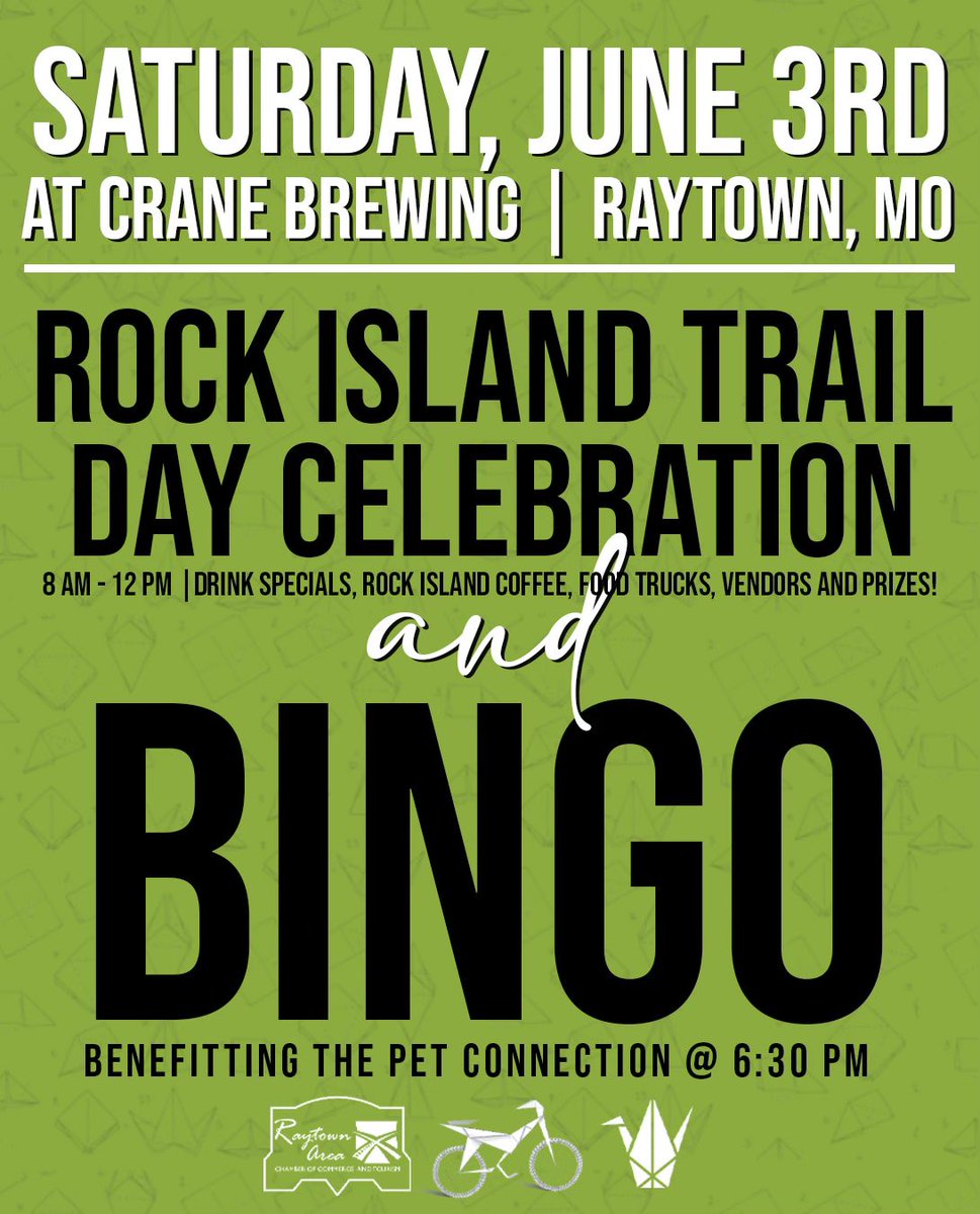 Bikes, Bingo, AND Beer! 

Start your morning off with drink specials, prizes, and vendors at the Raytown Rock Island Trail Celebration from 8 am-12 pm!

The end of your night with Bingo benefitting The Pet Connection. Bingo is $5 a card and starts at 6:30 pm!