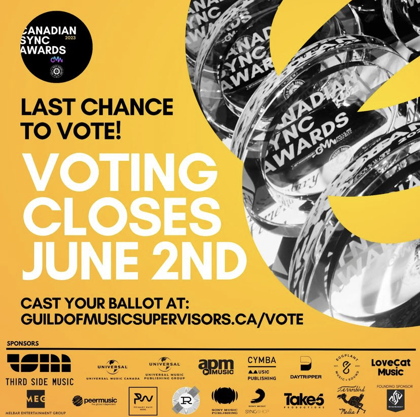 instinct (@instinct_e) on Twitter photo Today is the FINAL day to vote for the #CanadianSyncAwards! 🏆
We're mega thrilled to be recognized among the industry's talents. Join us in celebrating the power of music, film, and TV. 
And, don't forget to grab a ticket while you can! #CMW2023
guildofmusicsupervisors.ca/vote Today is the FINAL day to vote for the #CanadianSyncAwards! 🏆
We're mega thrilled to be recognized among the industry's talents. Join us in celebrating the power of music, film, and TV. 
And, don't forget to grab a ticket while you can! #CMW2023
guildofmusicsupervisors.ca/vote