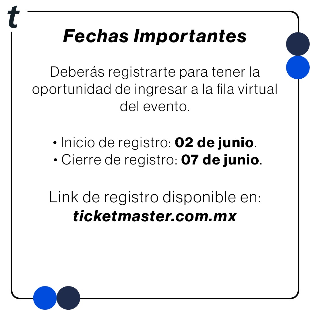Ticketmaster_Me's tweet photo. Taylor Swift I The Eras Tour llega a la Ciudad de México los días 24, 25 y 26 de agosto.

Regístrate ahora y hasta el 7 de junio a las 11:59 pm hora de la CDMX para tener la oportunidad de participar en la venta. El acceso será prioritario para residentes de México.

Los fans que reciban un correo electrónico confirmando su acceso podrán unirse a la fila a partir del 13 de junio.

Más información en https://t.co/x9GjvrxeKg