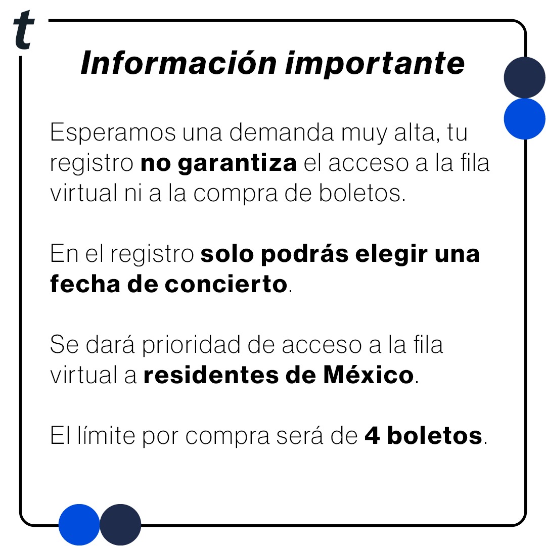 Ticketmaster_Me's tweet photo. Taylor Swift I The Eras Tour llega a la Ciudad de México los días 24, 25 y 26 de agosto.

Regístrate ahora y hasta el 7 de junio a las 11:59 pm hora de la CDMX para tener la oportunidad de participar en la venta. El acceso será prioritario para residentes de México.

Los fans que reciban un correo electrónico confirmando su acceso podrán unirse a la fila a partir del 13 de junio.

Más información en https://t.co/x9GjvrxeKg