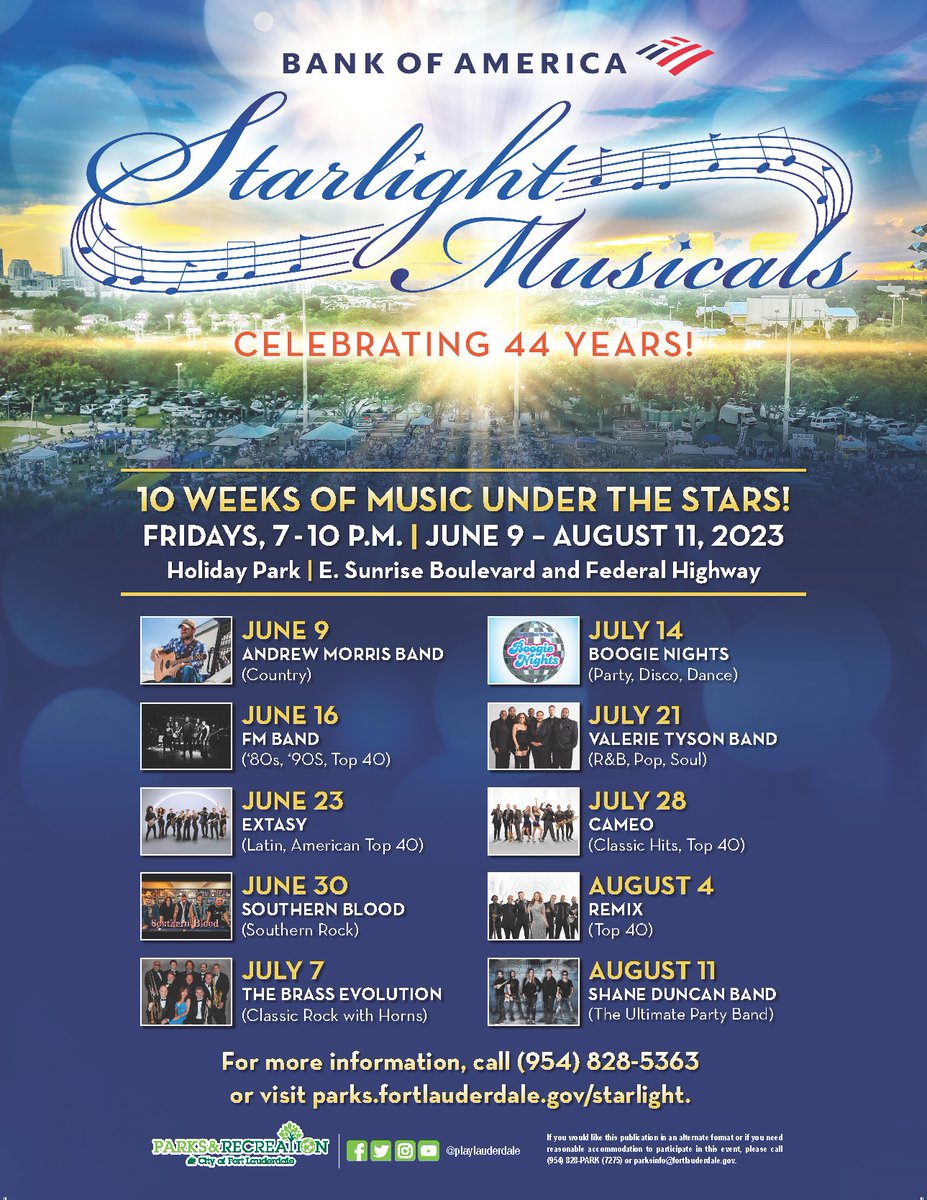 RiverwalkFTL's tweet photo. Starlight Musicals returns Friday, June 9th for 10 weeks!

Fridays 6/9-8/11 | Holiday Park | 7-10P
https://t.co/tc8o80LeiA

6/9 - Andrew Morris Band (Country)
6/16 - FM Band (80’s, 90’s and Top 40)
6/23 - Extasy (Latin and American Top 40)
6/30 - Southern Blood (Southern Rock) https://t.co/4zQmAPPCSH