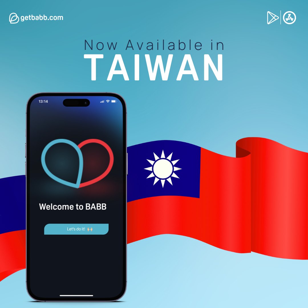 Another great news, Babbians! 🔥🚀
BABB is now available in #Taiwan, get the app from Apple Store and Play Store to enjoy our inclusive financial services with your friends and family in more than 70 countries! 😍 😮

#BABB #BABBApp #Getbabb #BAX #financialservices