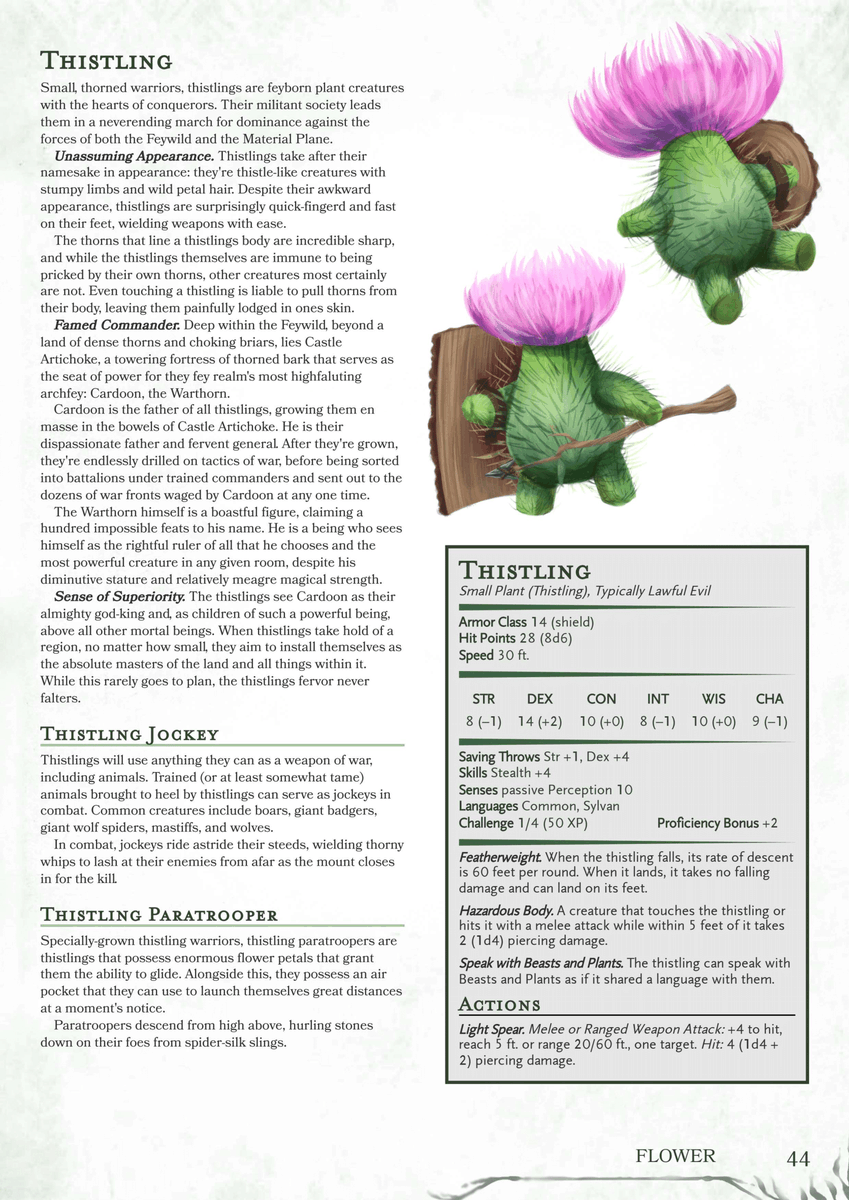 diceaveragejack's tweet photo. FLOWER – 5e Plants: Reimagined, is OUT NOW on the @dms_guild! The book features:

🌺 50 new and revised Plant creatures
🌷 A new race option: the Dandeling
🌼 8 new plant-based spells, including a Summon Plant spell

#dnd #ttrpgs #dnd5e https://t.co/A2d7TCcnoL