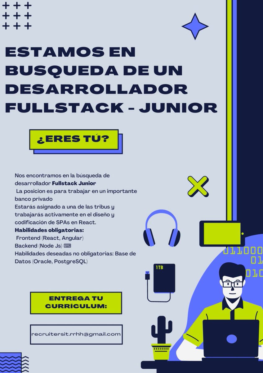 🔥 Búsqueda Desarrollador Fullstack. Jr 

100% remoto 💻

Full time 🕥

Contacto ✉️: recruitersit.rrhh@gmail.com