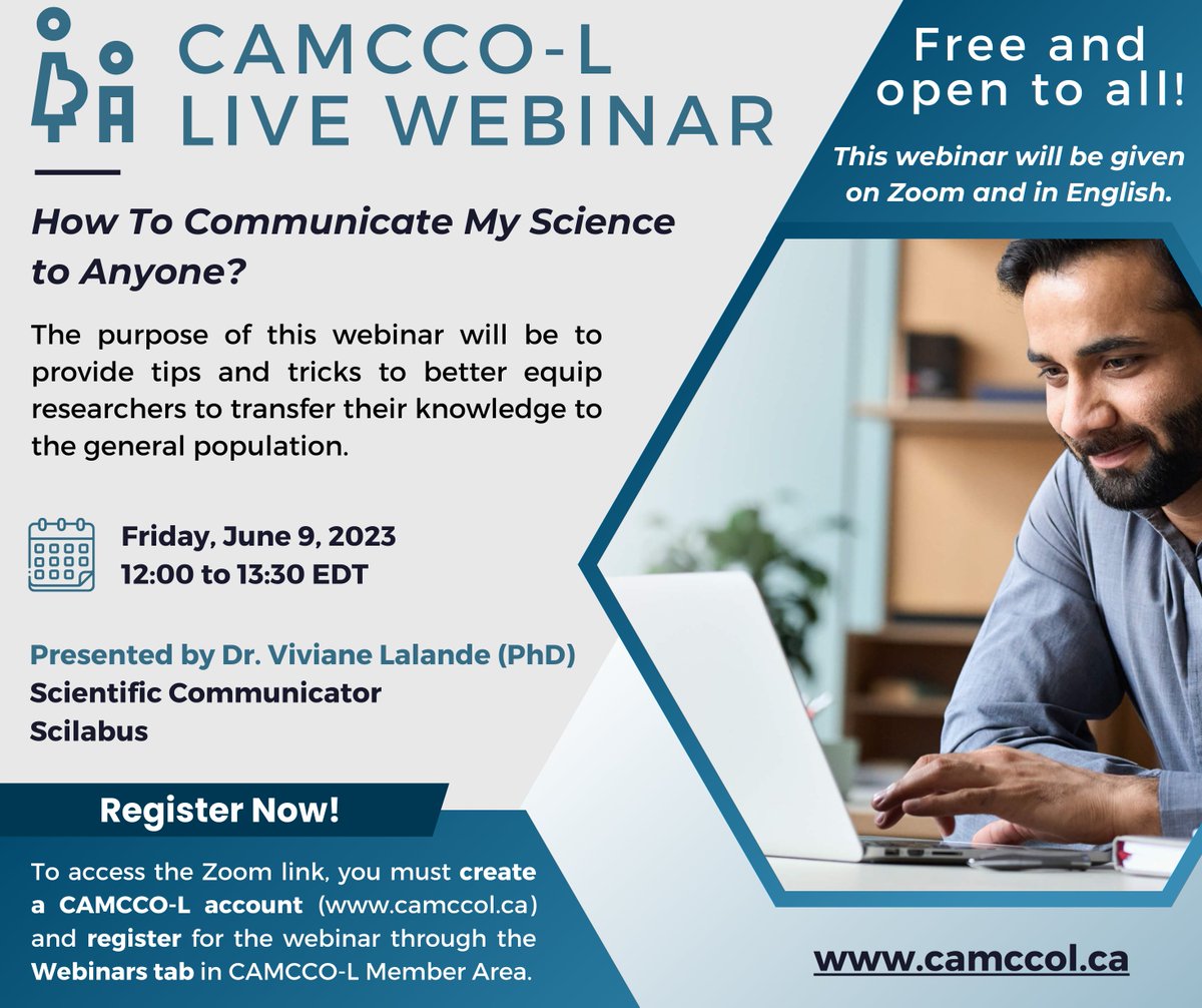 CamccoL's tweet photo. 📌 A 𝗪𝗲𝗯𝗶𝗻𝗮𝗿 Coming Next Week on CAMCCO-L

🤝 How To Communicate My Science to Anyone?

👤 By Dr. Viviane Lalande from @Scilabus 

🕛 On Friday, June 9, from 12:00 to 13:30 EDT

❗️ Be there live! This webinar won't be archived on CAMCCO-L.

➡️ https://t.co/A4JGkKdW2o https://t.co/ObuEav88MX