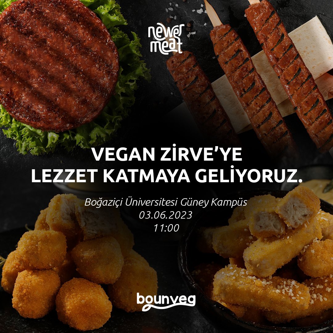 Bitki bazlı Newer Burger, Newer Kebap, Newer Çıtır Parmak ve Newer Lezzet Topları ile lezzeti zirvede yaşatmaya geliyoruz.

😋🌱🍔

#newermeat #veganzirve #boğaziçiüniversitesi #bogaziciveganzirve #bogazicivegan #bounveg #yemeksponsoru #renewyourself #kendiniyenile