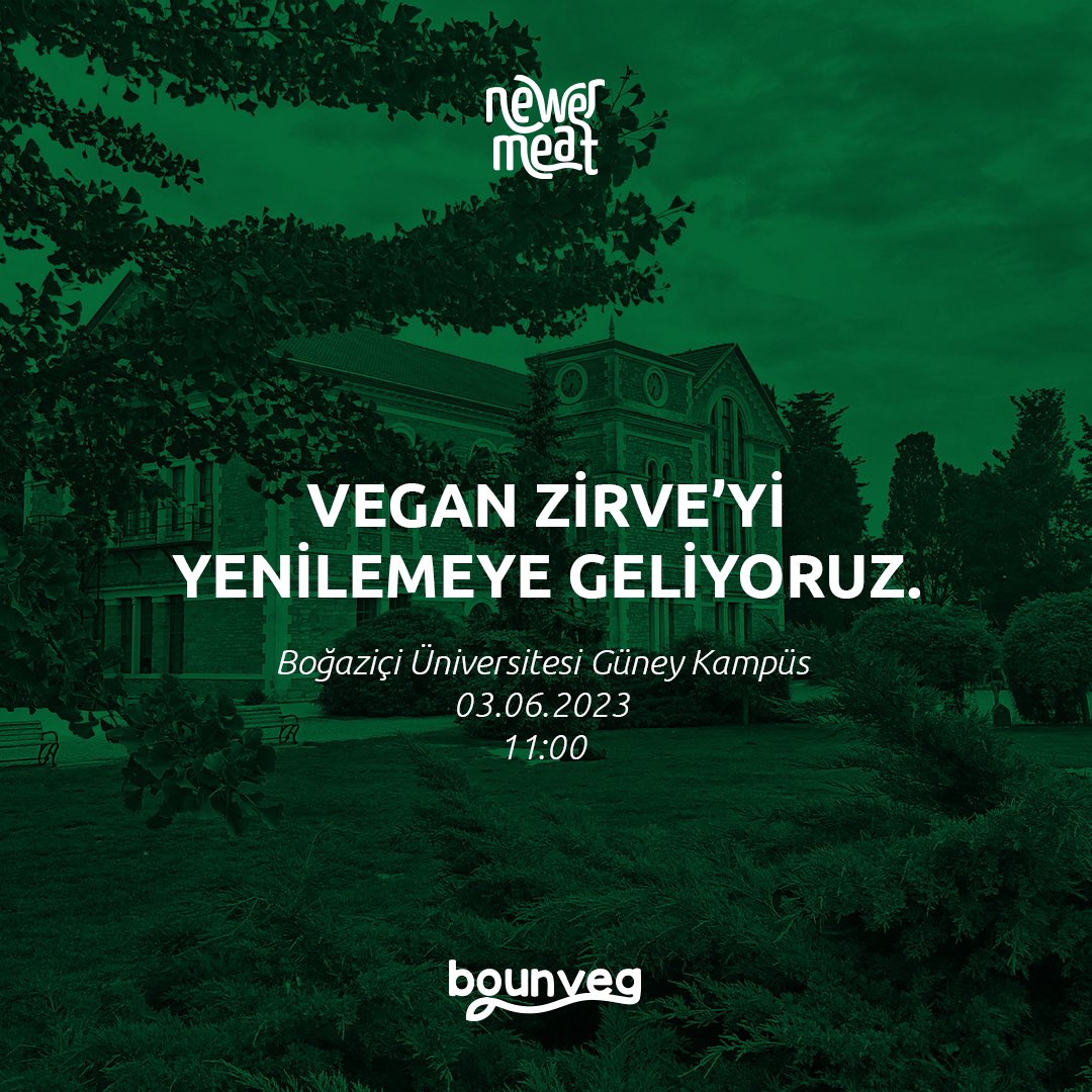 3 Haziran Cumartesi günü Boğaziçi Üniversitesi’nde gerçekleşecek Vegan Zirve’nin yemek sponsoru olmaktan gurur duyuyoruz.

Sağlıklı, besleyici, lezzetli ve bitki bazlı et ürünlerimizle tüm katılımcıları yenilemeye geliyoruz.

#newermeat #bogaziciveganzirve #renewyourself