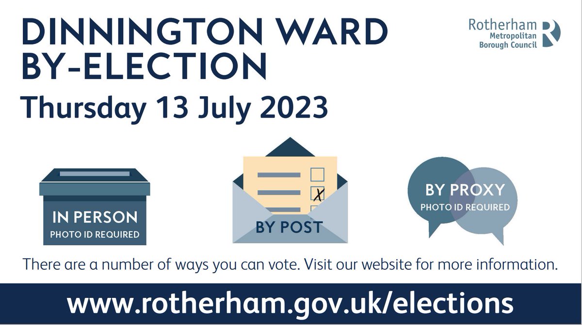 A by-election will be held in Dinnington ward on Thursday 13 July 2023.

If you live in the ward you can vote – by post, by proxy or in person. Full details can be found on our website at rotherham.gov.uk/elections