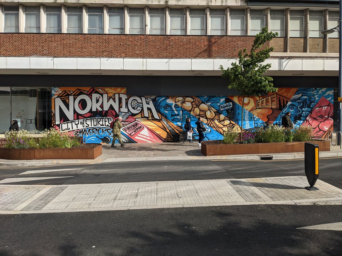 The bus stops may be a mess, but whoever did this mural on Stephen's nailed it. #cityofstories #julianofnorwich