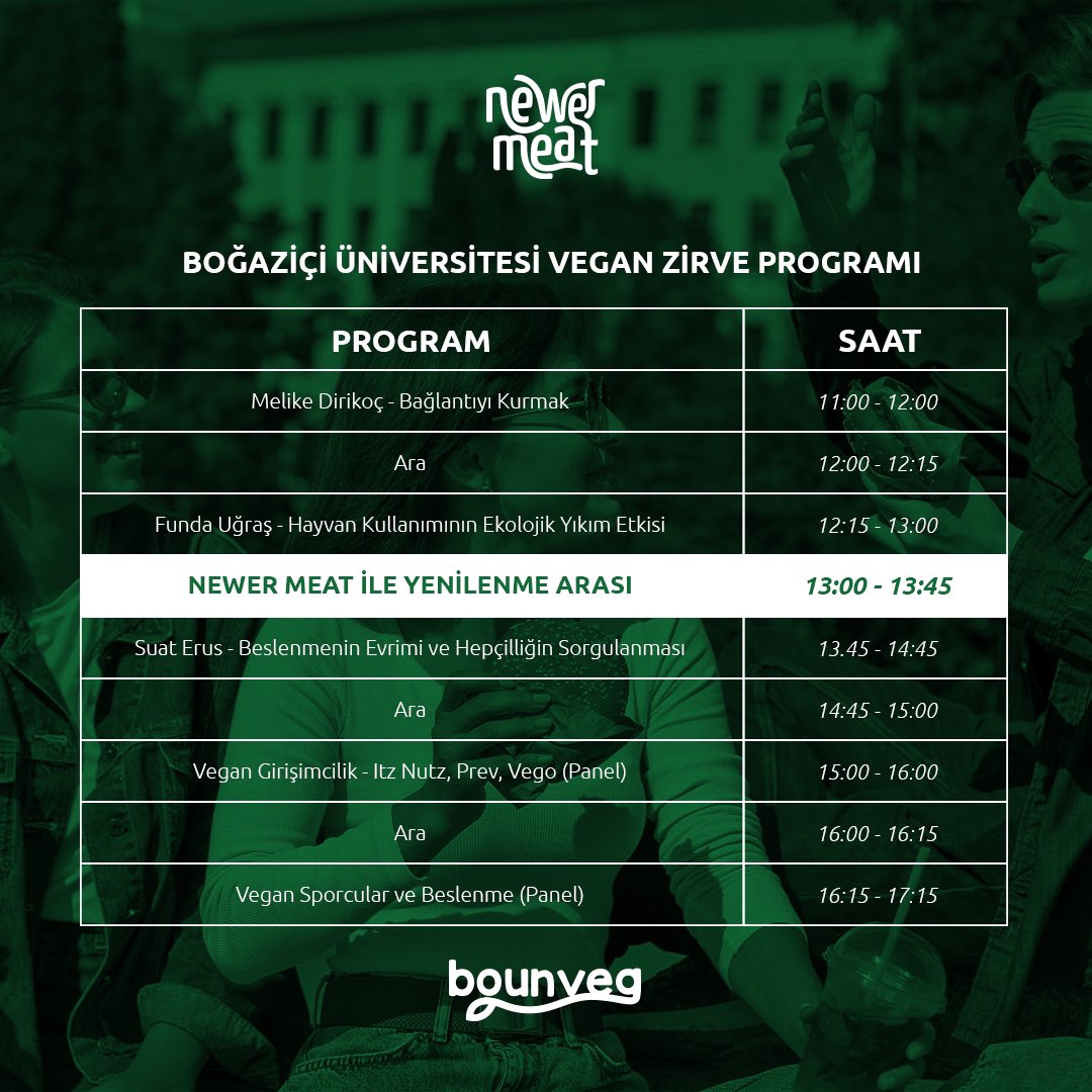 3 Haziran Cumartesi günü Boğaziçi Üniversitesi’nde gerçekleşecek Vegan Zirve’nin yemek arasında katılımcılar Newer Meat’in ürünleriyle yenilenecek.

😋🌱🍔

#newermeat #veganzirve #boğaziçiüniversitesi #bogaziciveganzirve #bogazicivegan #bounveg #renewyourself #kendiniyenile