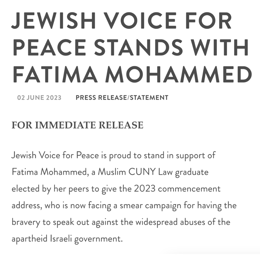 We stand with Fatima, a CUNY Law student who is facing racist and Islamophobic harassment after fearlessly speaking out against Israeli apartheid and colonialism at her commencement address.

Read our full statement:
jewishvoiceforpeace.org/2023/06/jvp-st…