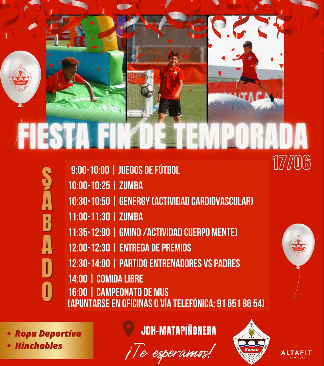 🎆𝙁𝙄𝙀𝙎𝙏𝘼 𝙁𝙄𝙉 𝘿𝙀 𝙏𝙀𝙈𝙋𝙊𝙍𝘼𝘿𝘼 2️⃣2️⃣-2️⃣3️⃣

🗓 Sábado 17 de junio
📍 Estadio JDH-Matapiñonera

🤸🏼‍♂️Zumba, ⚽️ juegos, 🎖️premios y mucho ➕

🛝 Hinchables todo el día
👟Se recomienda traer ropa deportiva 

🫶🏼Os esperamos‼️

🔗 bit.ly/3OQSVSs

#OhMiSanse🇵🇱
