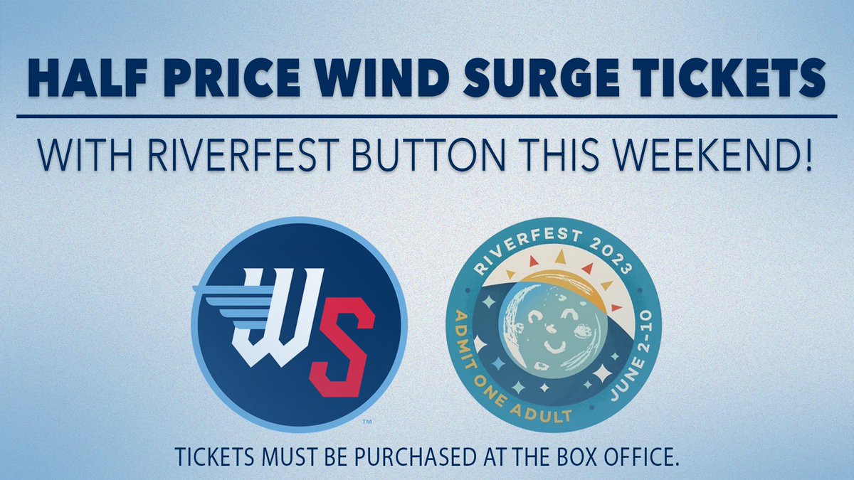 WindSurgeICT's tweet photo. DID YOU KNOW!?

Wind Surge fans receive half off tickets when you show your Riverfest button this weekend at the Box Office! 🥳

You won't want to miss this! https://t.co/LY6FDdpaNQ