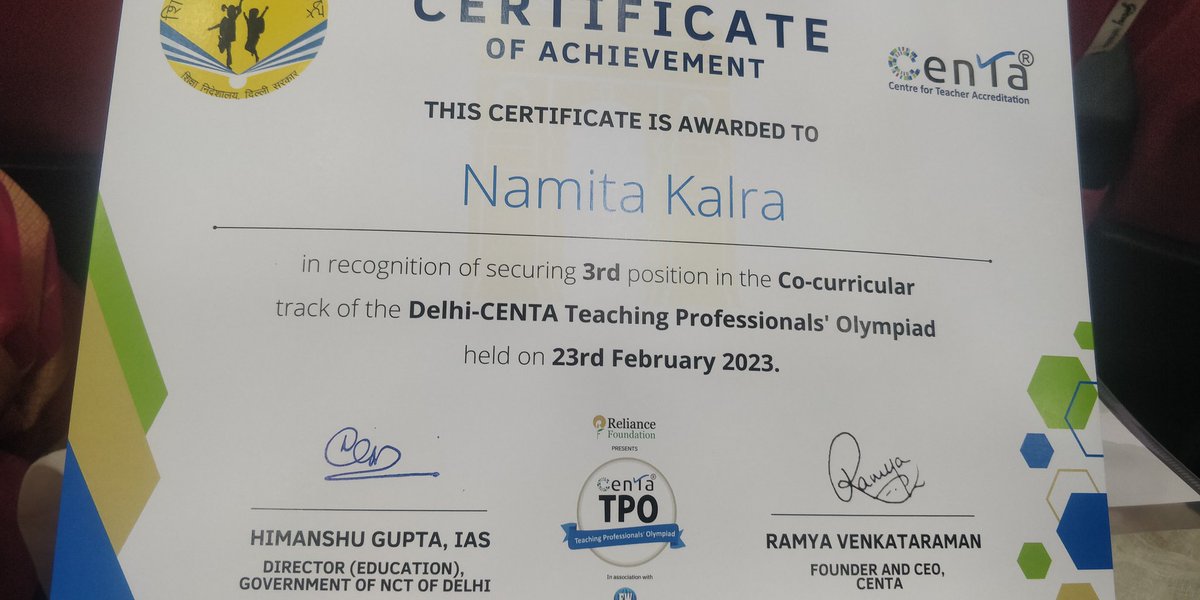Honoured to receive the Certificate of Achievement, #CENTA TPO from Director Education sir.
@Dir_Education 
@gupta_iitdelhi 
@PbpandeyB 
@sakshi_yadav04