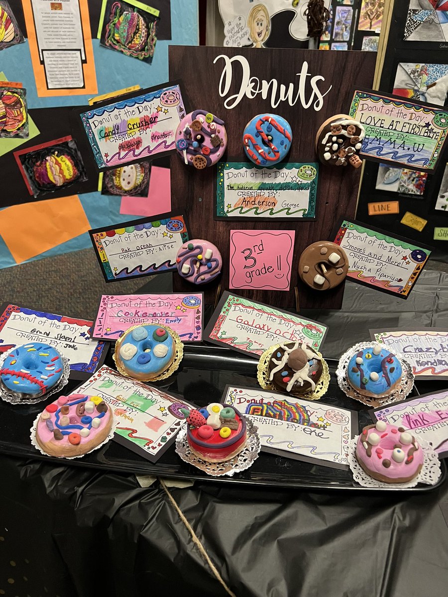 #NationalDonutDay DONUT WORRY…BE HAPPY😊🍩 Donut Sculptures created by 3rd grade artists using Model Magic clay and tempera paint🤩🍩👏🎨 #elementaryart @CMSmtolive @NicoleMusarra @ashleylopez210 @CrayolaEdu @Crayola