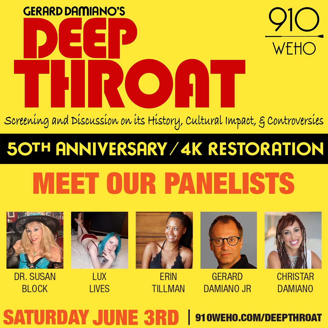 TOMORROW! Immerse yourself in an iconic #FilmNight Watch 'Deep Throat' followed by a gripping panel discussion with Gerard Damiano Jr., Christar Damiano, @datingadvicegrl , & @luxliv3s , hosted by @drsuzy . Post-panel? 70's dance party!  Tickets at 910weho.com/deepthroat