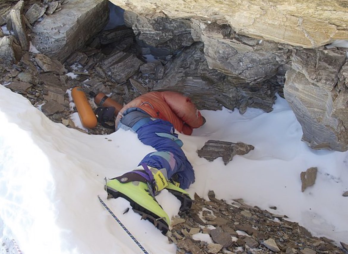 Over 200 dead bodies lay along the route to the top of Mount Everest. The bodies are used as landmarks by climbers and have been given nicknames such as 'Green Boots'.