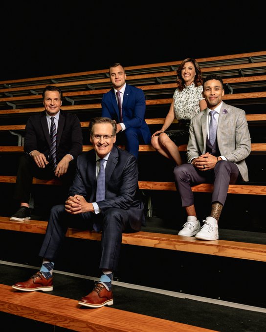 image of the kraken broadcast team posing for photo in bleachers in formal attire

pictured in photo: John Forslund, JT Brown, Alison Lukan, Eddie Olczyk & Nick Olczyk