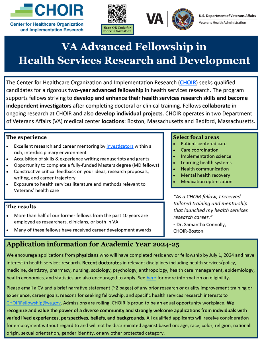 CHOIR is seeking qualified candidates for a rigorous two‐year advanced #fellowship in #healthservicesresearch. 

Clickable flyer: choir.research.va.gov/docs/CHOIR_Fel…
Details: choir.research.va.gov/fellowship/ind…

#VAjobs #doctoralfellowship @vahsrd @VABedfordHCS @VABostonHC