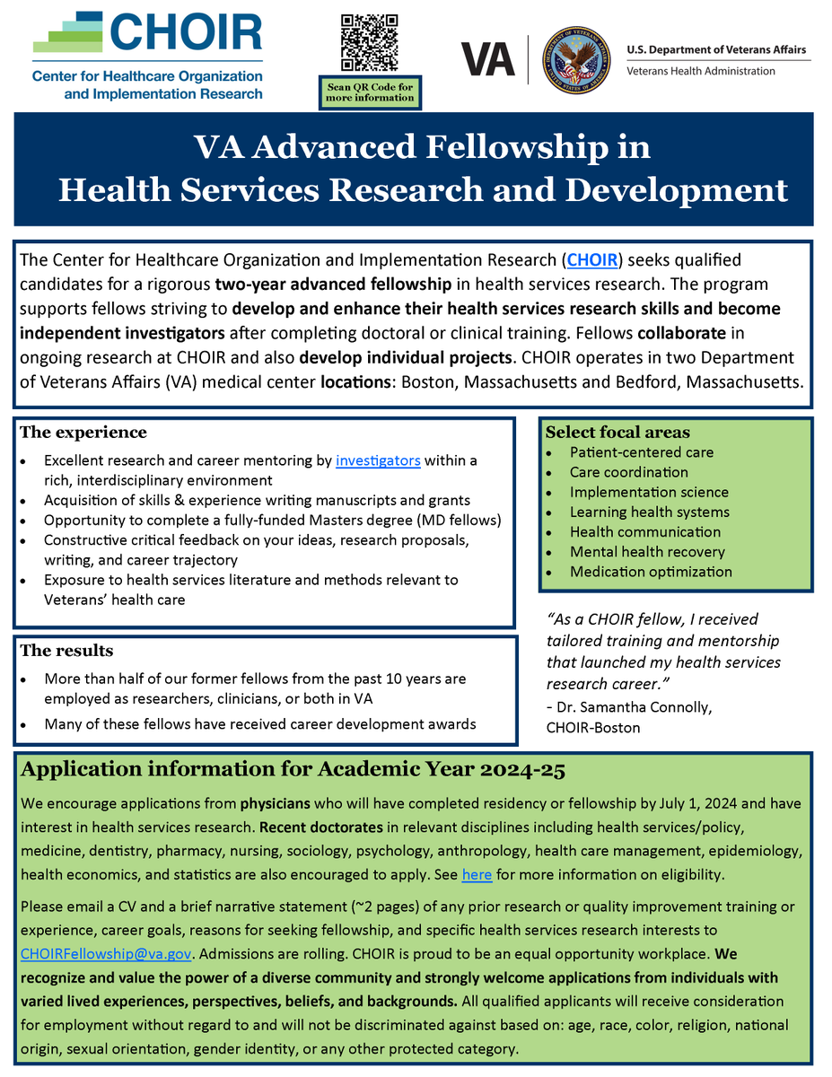 VA Health Systems Research, Bedford/Boston (@va_choir) on Twitter photo CHOIR is seeking qualified candidates for a rigorous two‐year advanced #fellowship in #healthservicesresearch.
Clickable flyer: choir.research.va.gov/docs/CHOIR_Fel…
Details: choir.research.va.gov/fellowship/ind…
#VAjobs #doctoralfellowship <a href="/vahsrd/">VA HSR</a> <a href="/VABedfordHCS/">VA Bedford Healthcare System 🩺</a> <a href="/VABostonHC/">VA Boston HC</a> CHOIR is seeking qualified candidates for a rigorous two‐year advanced #fellowship in #healthservicesresearch.
Clickable flyer: choir.research.va.gov/docs/CHOIR_Fel…
Details: choir.research.va.gov/fellowship/ind…
#VAjobs #doctoralfellowship <a href="/vahsrd/">VA HSR</a> <a href="/VABedfordHCS/">VA Bedford Healthcare System 🩺</a> <a href="/VABostonHC/">VA Boston HC</a>