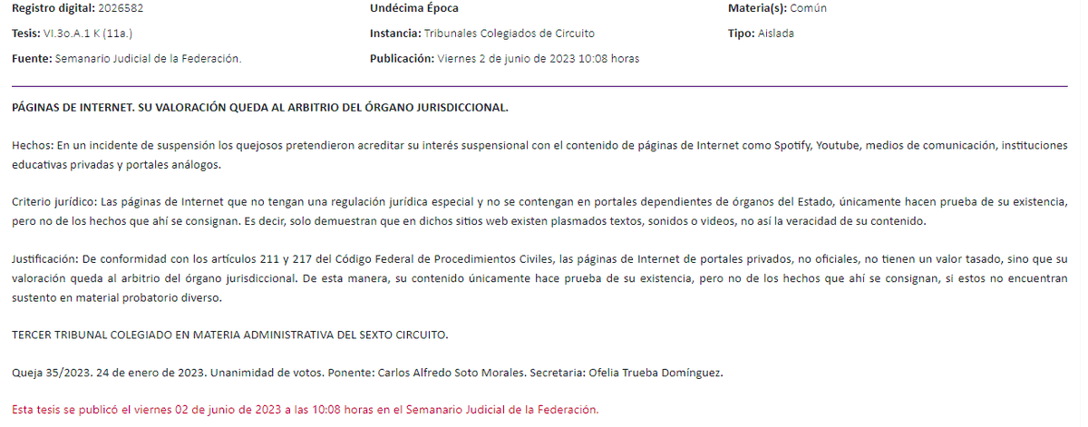 JonathanLpezTor's tweet photo. ✅ Criterio judicial publicado hoy: @CyberUsMx
PÁGINAS DE #INTERNET. SU VALORACIÓN QUEDA AL #ARBITRIO DEL ÓRGANO JURISDICCIONAL. https://t.co/kkOXWYJyfd