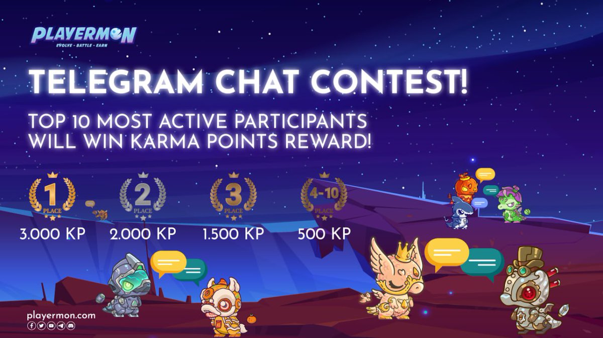📣 Get typing in the Playermon's Telegram Chat Contest 🎉 Top 10 chatterboxes win Karma Points! 
🏆June 1-30🏆
Prizes: 🥇3000 🥈2000 🥉1500 
🏅500 for 4-10! 
Join t.me/PlayermonOffic… now! 👍

Stay tuned🔜Discord meme contest🔥 

#Playermon #ChatToWin #JoinTheMonChat #WinKarma