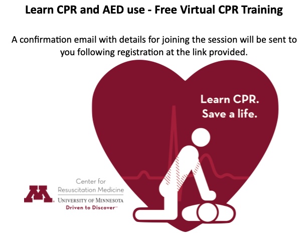 Learn CPR during National CPR & AED Awareness Week. #learncprnowMN Register in advance for training on June 7, 2023 12pm at umn-private.zoom.us/j/96138864072?…