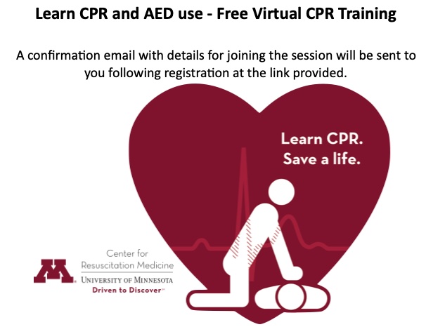 Learn CPR during National CPR &amp; AED Awareness Week.  #learncprnowMN
Register in advance for training on June 7, 2023 12pm at umn-private.zoom.us/j/96138864072?…