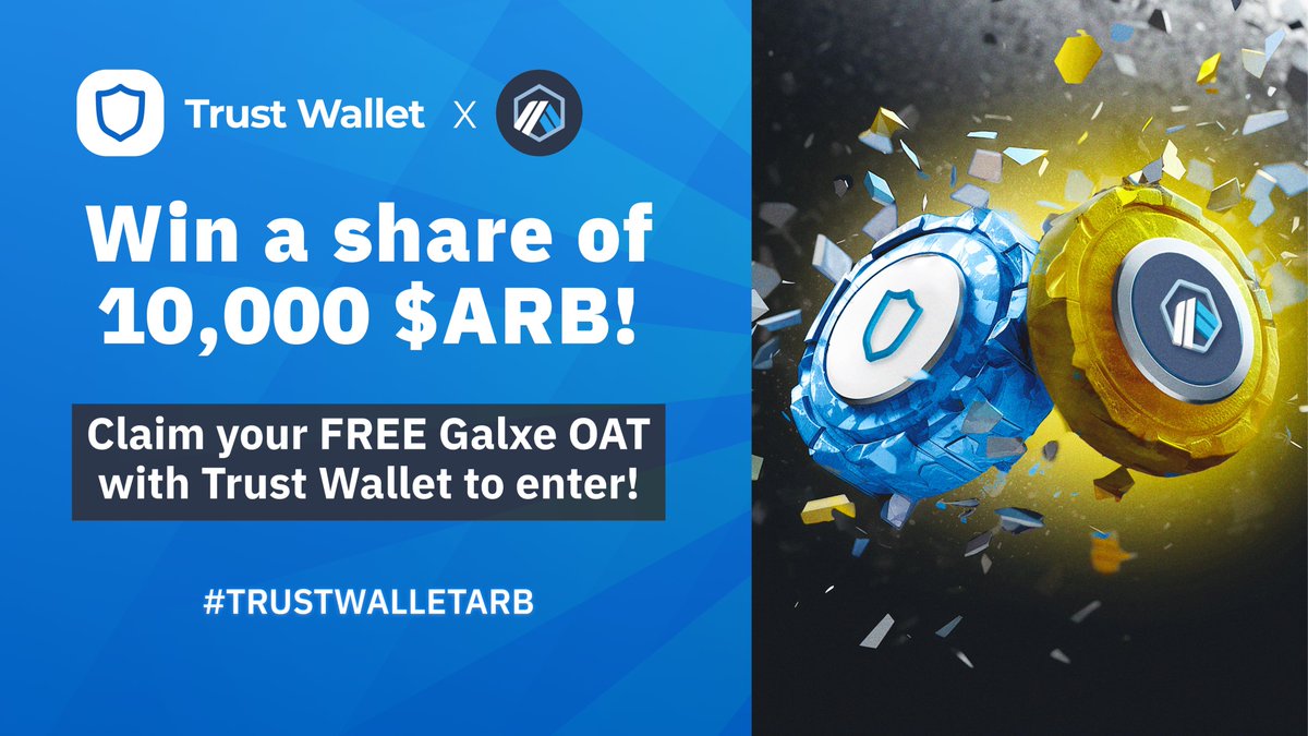 Trust Wallet (@trustwallet) on Twitter photo To celebrate our support for the #Arbitrum ecosystem, weโve teamed up with the <a href="/arbitrum/">Arbitrum</a> team to give away 10,000 $ARB to #TrustWallet users!
#TrustWalletArb
Rules:
๐ย Like & RT
๐ย Follow <a href="/TrustWallet/">Trust Wallet</a>
๐ย Claim your FREE OAT in Trust Wallet here๐
galxe.com/trustwallet/caโฆ To celebrate our support for the #Arbitrum ecosystem, weโve teamed up with the <a href="/arbitrum/">Arbitrum</a> team to give away 10,000 $ARB to #TrustWallet users!
#TrustWalletArb
Rules:
๐ย Like & RT
๐ย Follow <a href="/TrustWallet/">Trust Wallet</a>
๐ย Claim your FREE OAT in Trust Wallet here๐
galxe.com/trustwallet/caโฆ