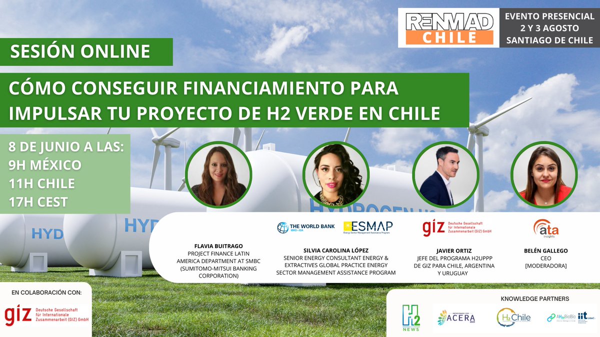 8 de junio📆11:00 horas (Chile)🕚No te pierdas el webinar de RENMAD (<a href="/AtaInsights/">Ata Insights</a>)  patrocinado por ACERA “Cómo conseguir financiamiento para impulsar tu proyecto de H2 verde en Chile”🙌Regístrate gratis acá 👉 buff.ly/3MLpvTi