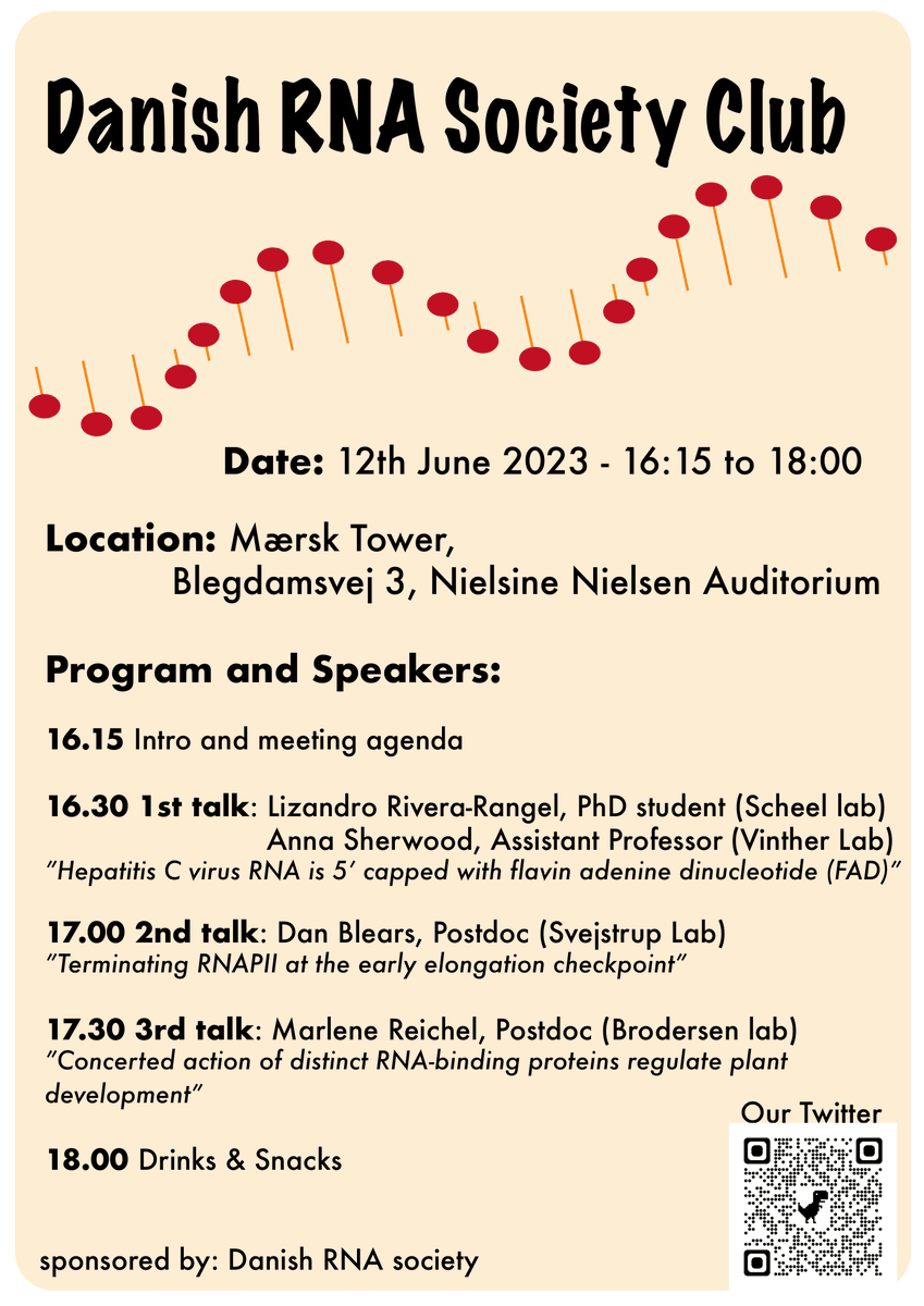 🇩🇰👩‍🔬🎙️👨‍🔬🇩🇰We are happy to announce 3 exciting talks for the next RNA society club in CPH! Join us for a fantastic and informative gathering, and spread the word to other RNA enthusiasts!

📅🏛️🍻🍿Date and location:  12 June 2023, 4 pm at Nielsine Nielsen Auditorium (Mærsk Tower).