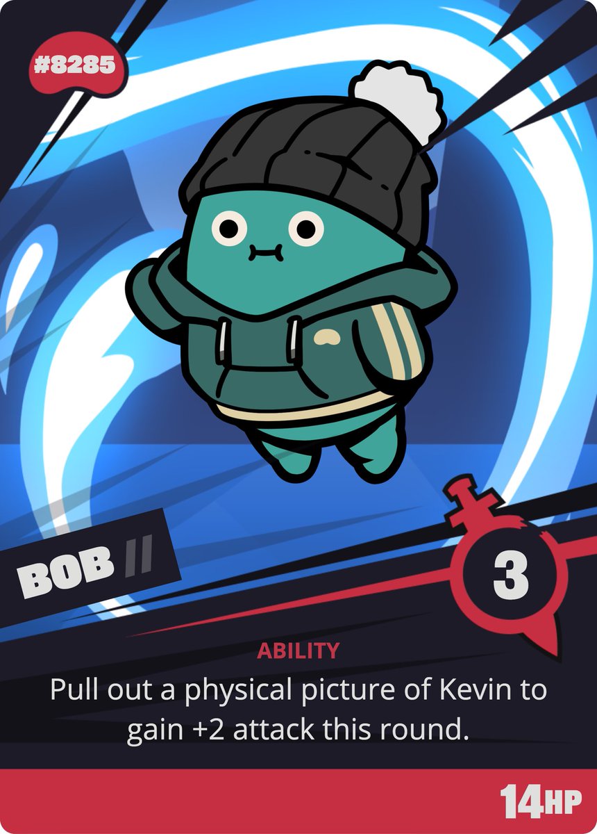 *eyes shifting left and right*

Bob: (No one will expect me to have Kevin in hand, muahahaha)

*eagerly waits*

Thanks @PixlitEth for the awesome playing card!!