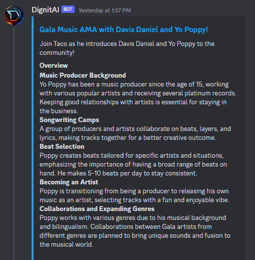 DignitAi_'s tweet photo. @LavaCrypto_ @jeygqvs @RadioHazzard_PR @Yopoppywadup @ONYXTEP @GoGalaMusic Were you able to check our their most recent AMA? We have a full summary available within our discord! https://t.co/AgWFN37JyV