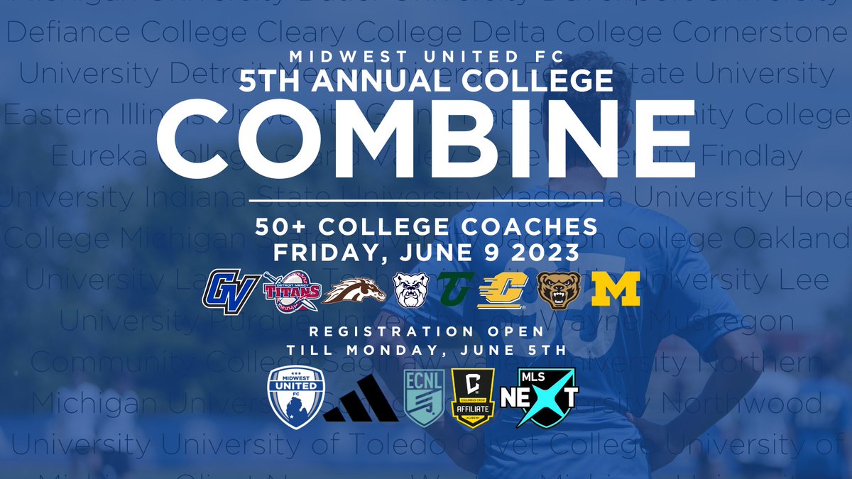 The only opportunity for West Michigan’s top 2004-2009 players be seen by over 50+ college coaches is on site at the Midwest United FC Complex.
Register by 5pm June 5th: midwestunitedfc.com/club/collegeco…
#MidwestUnitedFC #CollegeCombine #DontMissOut #CollegeRecruitment