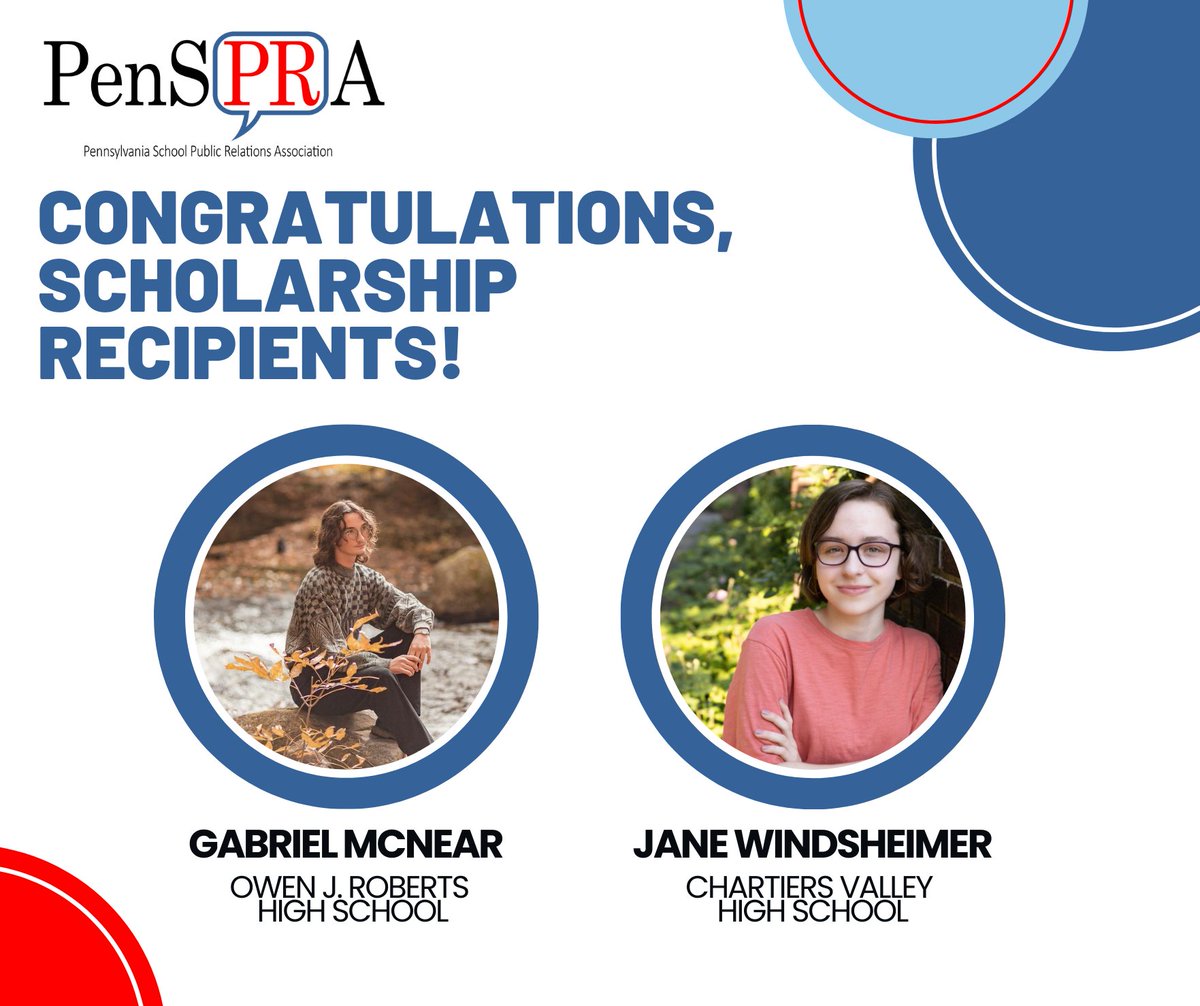 #Congratulations to @OJRSD Gabriel McNear and @CVSDcolts Jane Windsheimer for being selected as our 2022-23 Scholarship Winners. Gabriel and Jane will receive $1,000 towards their first year's tuition at @PENNSTATEU1 and @carlowu! Best of luck Gabriel and Jane! #PenSPRA