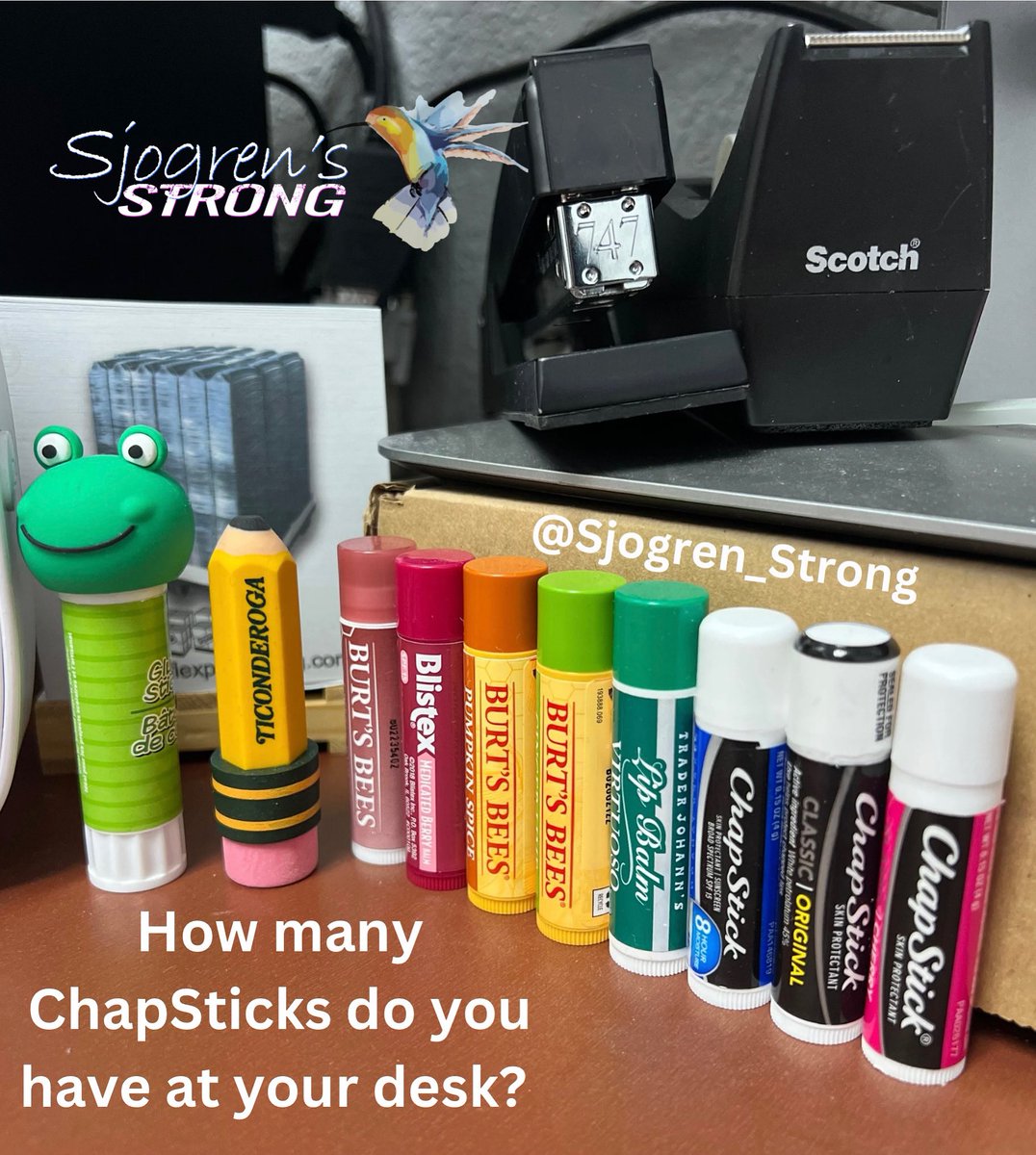 Is there such a thing as too many Chapsticks? 

I have Chapsticks everywhere... too many to count.  Always, always have one on me? 

Which one is your favorite? 

🦋Stay Sjogren’s Strong 🦋

#SjogrensStrong
#StrongerTogether
#LivingSjogrensStrong
#ShiningALightOnSjogrens